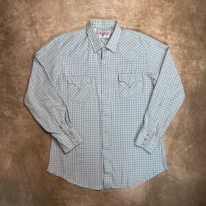 Vintage 80s Tem Tex Checkered Flannel Shirt Pearl Snap Gray Blue Plaid Men's 16